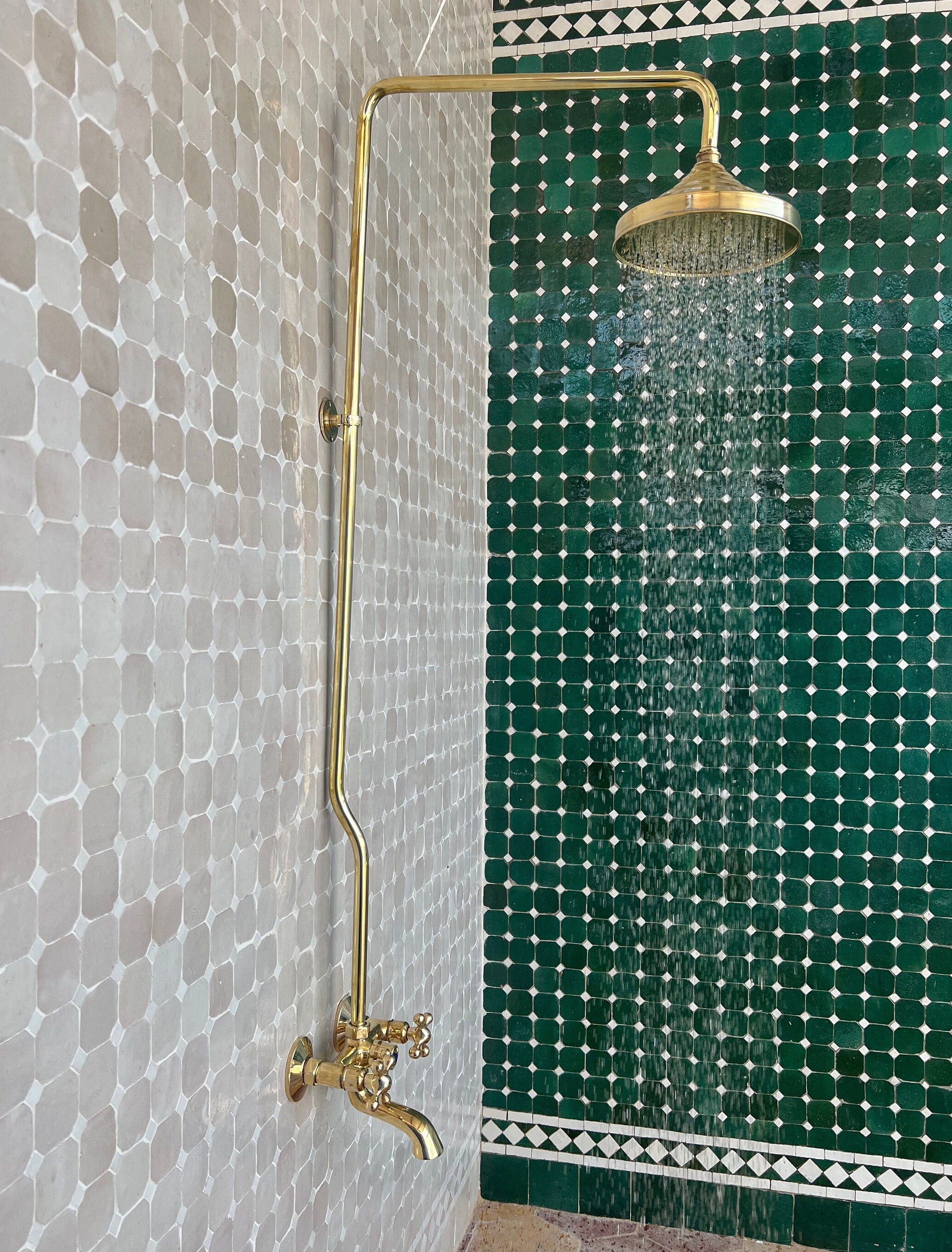 Unlacquered Brass Shower System, Round Shower Head with High Pressure - bohoprime